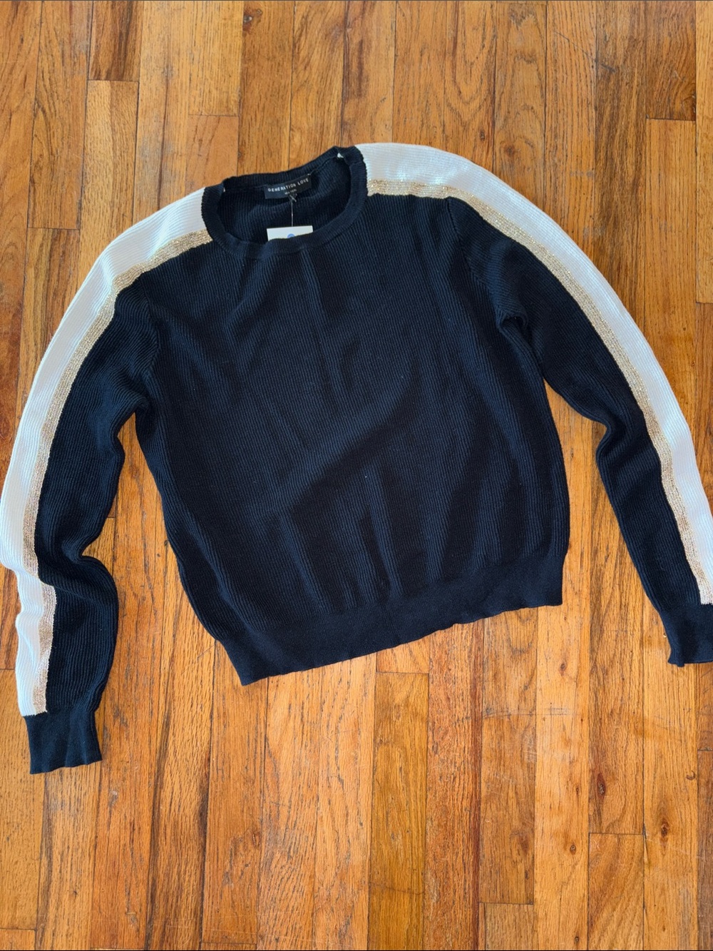 Rebecca Taylor Black Crewneck Sweater with White and Gold Shoulder Stripes